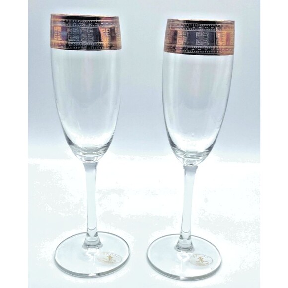 Set Of 2 Murano J Preziosi Glasses Flutes with Gold Greek Key Rim Italy - Picture 3 of 13